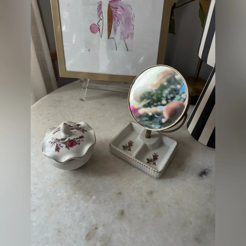 vintage porcelain vanity mirror and jar set